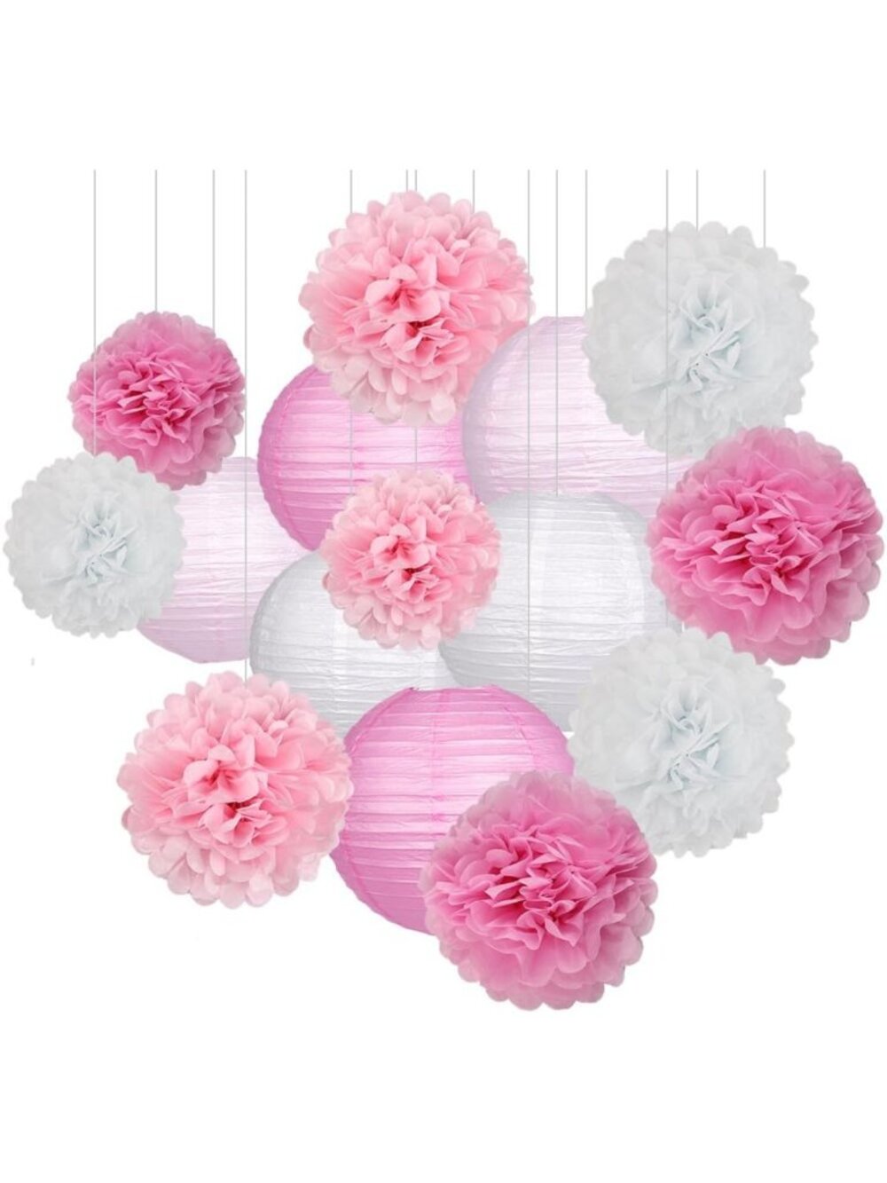 15pcs Pink Paper Lanterns & Pom Poms - Festive Party Decorations for Events